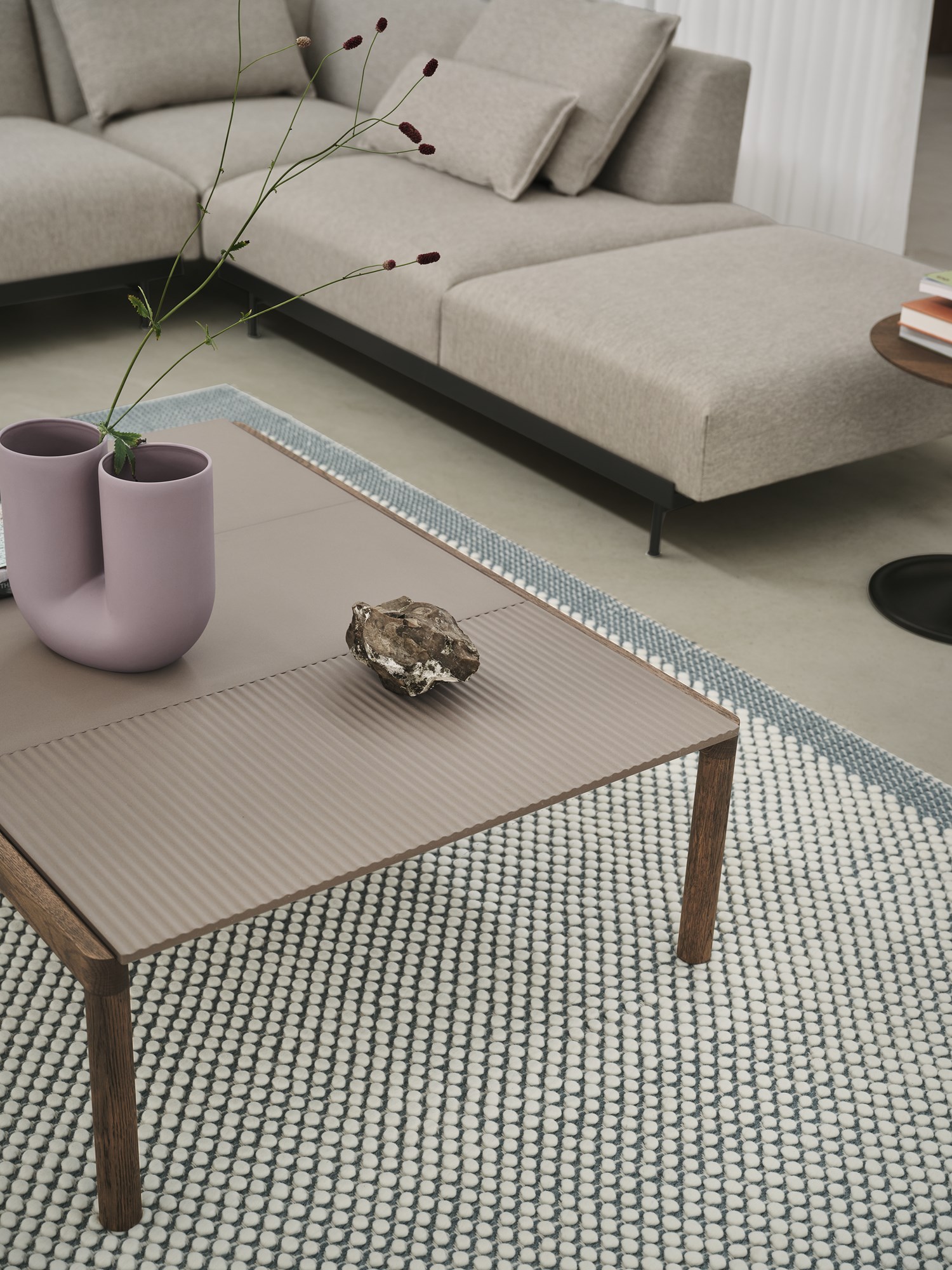 Couple Coffee Table 120x84x35 2 Plain 1 Wavy in Taupe/Dark Oiled Oak, Pebble Rug in Pale Blue, Kink Vase in Dusty Lilac, In Situ Modular Sofa in Clay 12, Soft Side Table in Black/Smoked Oak Couple Coffee Table 120x84x35 2 Plain 1 Wavy in Taupe/Dark Oiled Oak, Pebble Rug in Pale Blue, Kink Vase in Dusty Lilac, In Situ Modular Sofa in Clay 12, Soft Side Table in Black/Smoked Oak