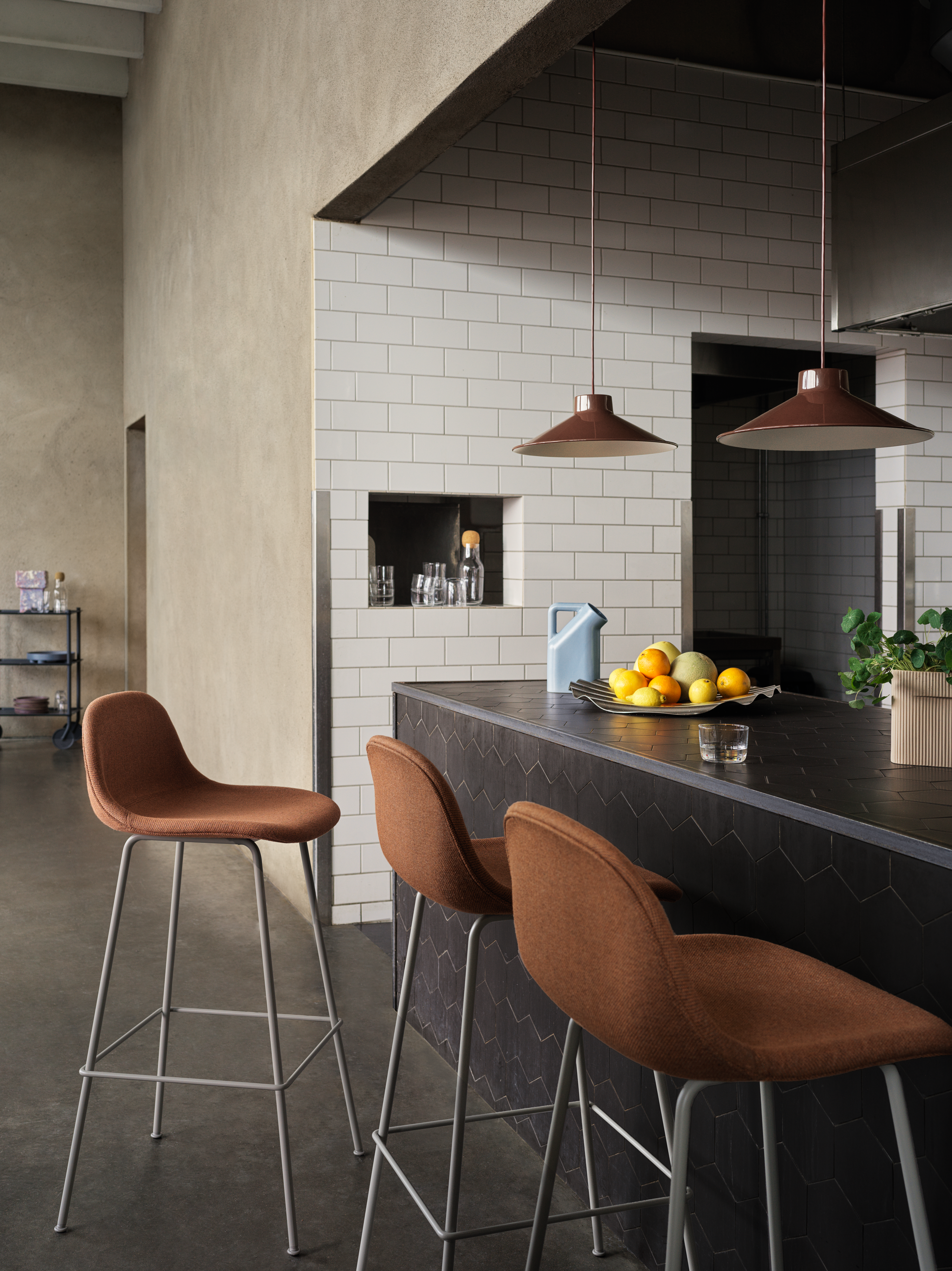 Fiber Bar Stool w. Backrest H75 cm Tube Base in Grey/Rewool 568, Top Pendant Ø36 cm in Deep Red, Tub Jug in Pale Blue, Ridge Vase H16,5 cm in Beige, Wave Tray, Flow Trolley, Corky Carafe & Glasses in Clear