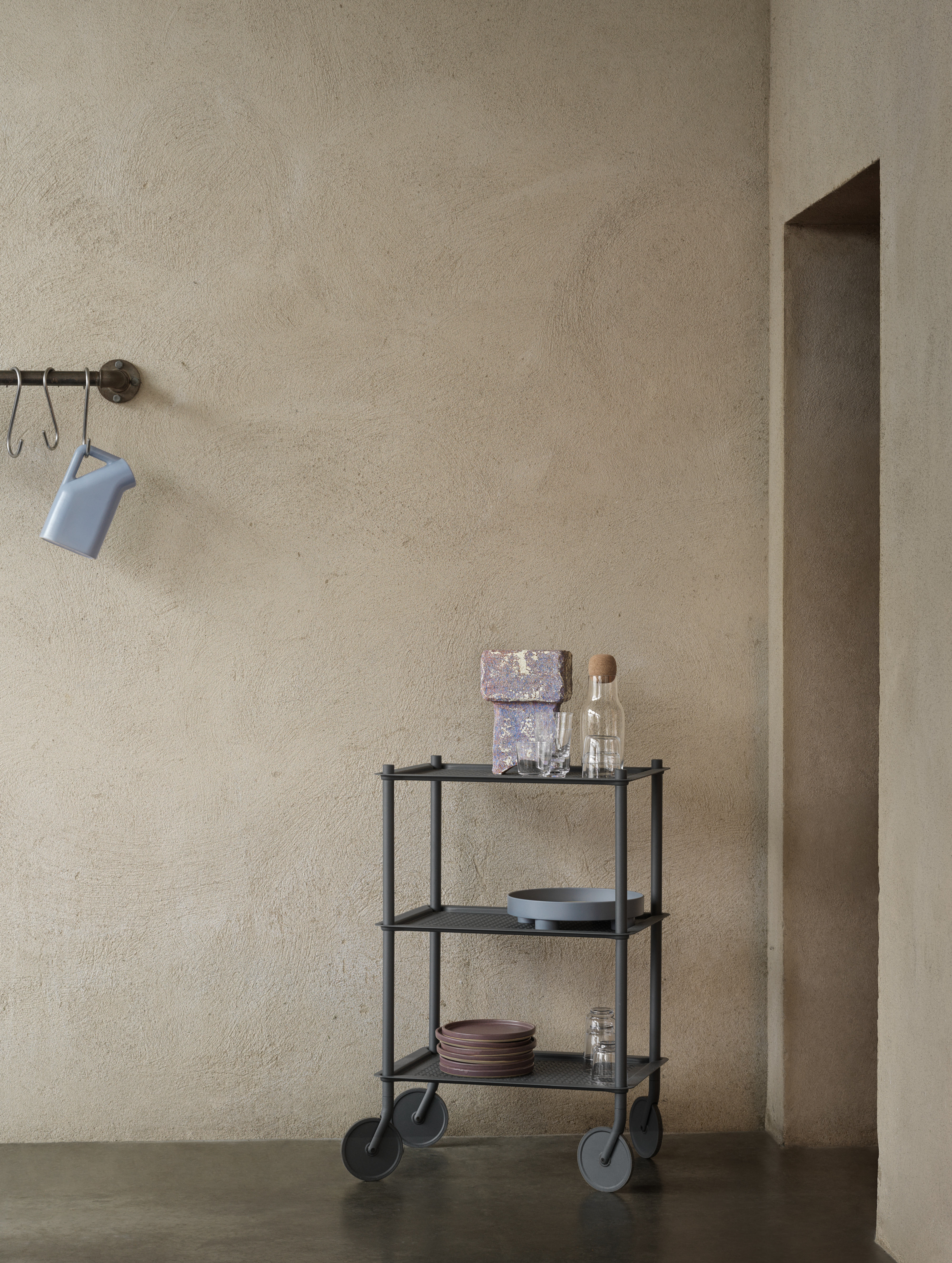 Flow Trolley in Blue-Grey, Tub Jug in Pale Blue, Corky Carafe in Clear, Raise Glasses in Clear, Platform Tray in Blue-Grey