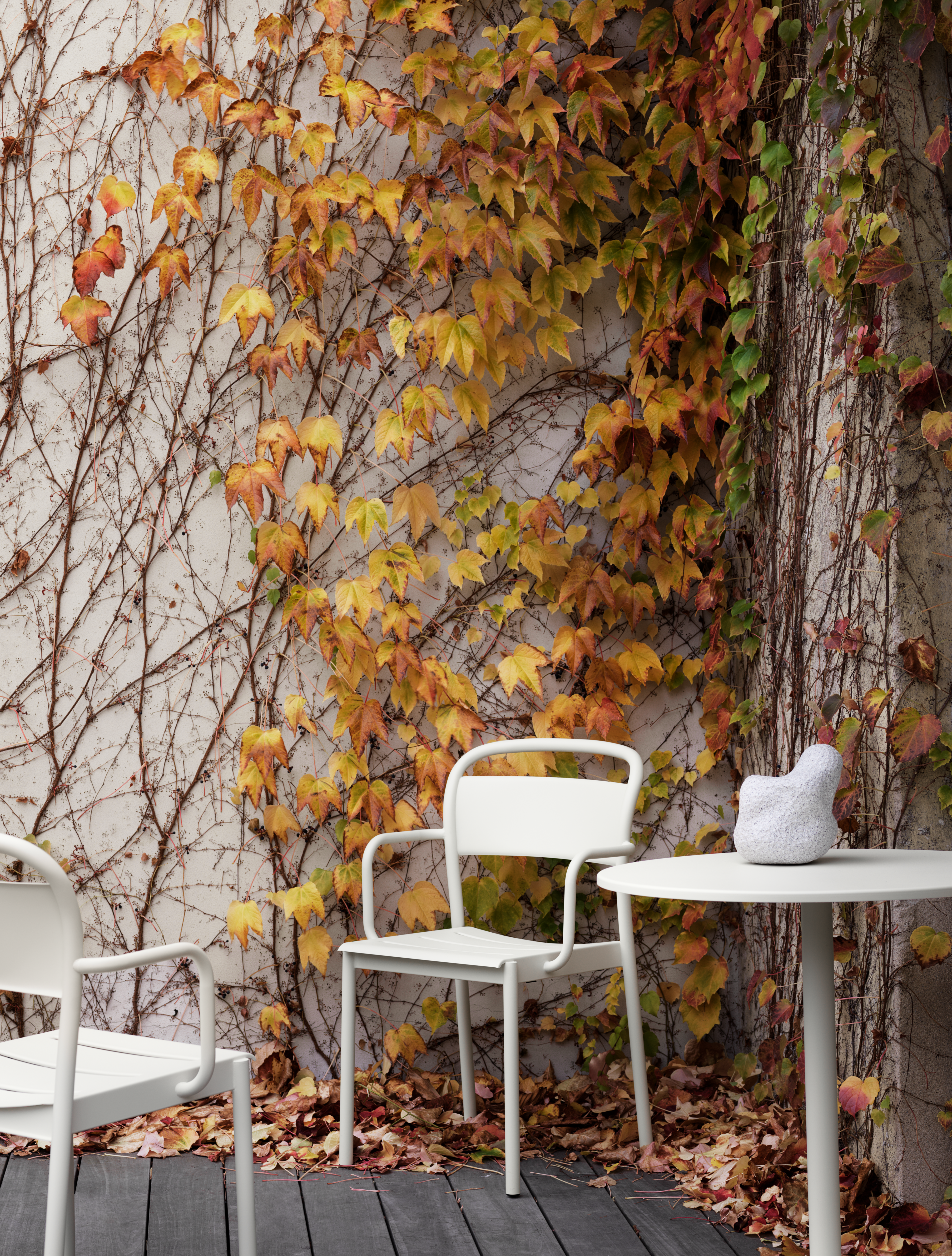 Linear Steel Armchair in Off-White, Linear Steel Café Table Ø70 in Off-White